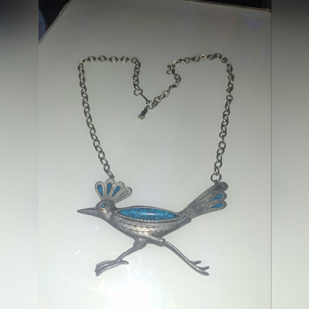 Silver Bird Necklace with Blue Accents